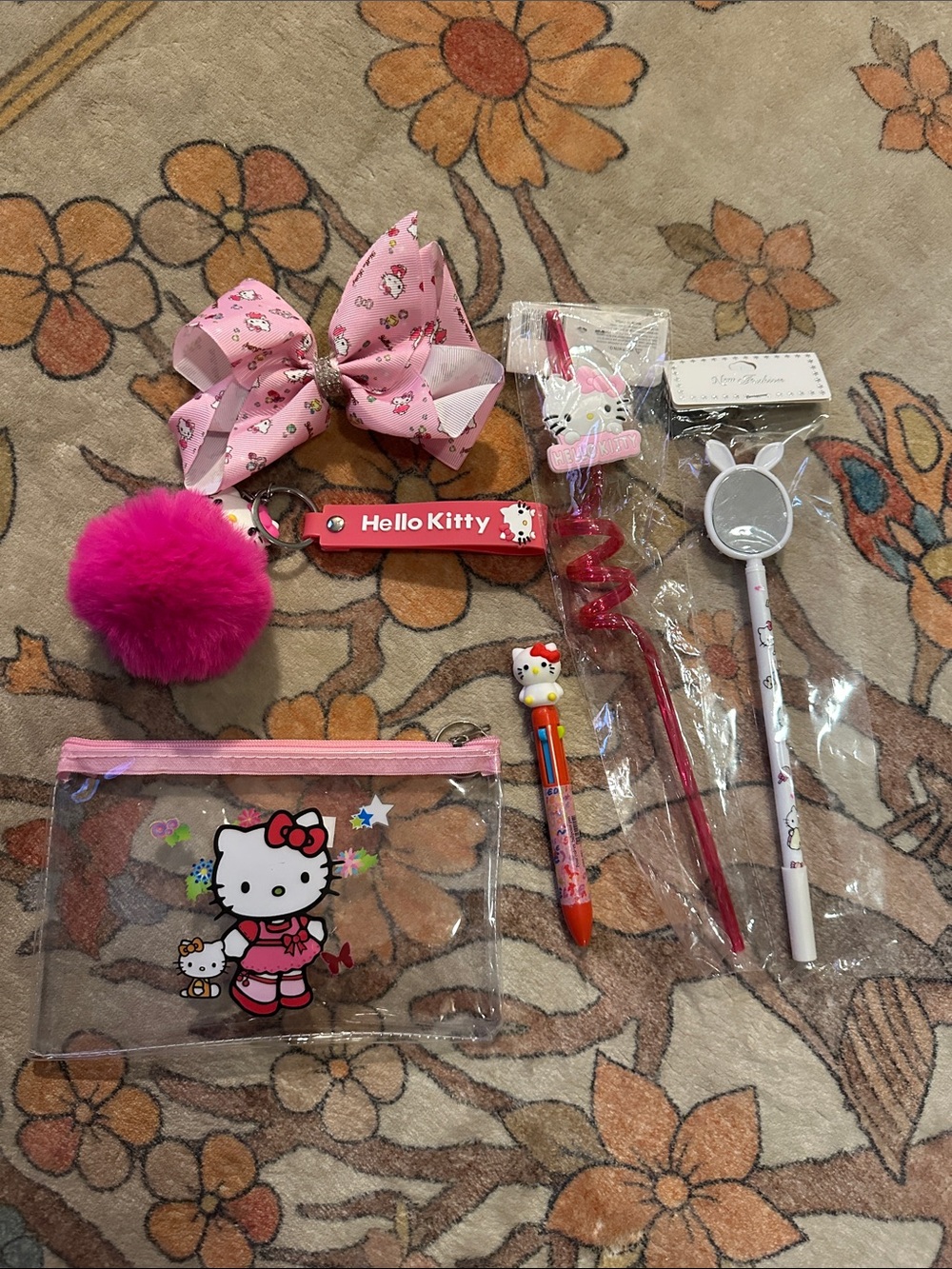 Hello Kitty Pink Accessory Set with Clear Pouch, Bow, Pom & Pens